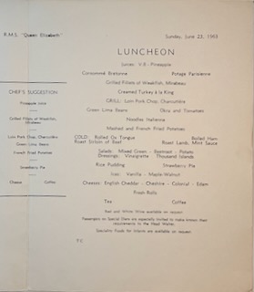 R.M.S. Queen Elizabeth Menus 1963