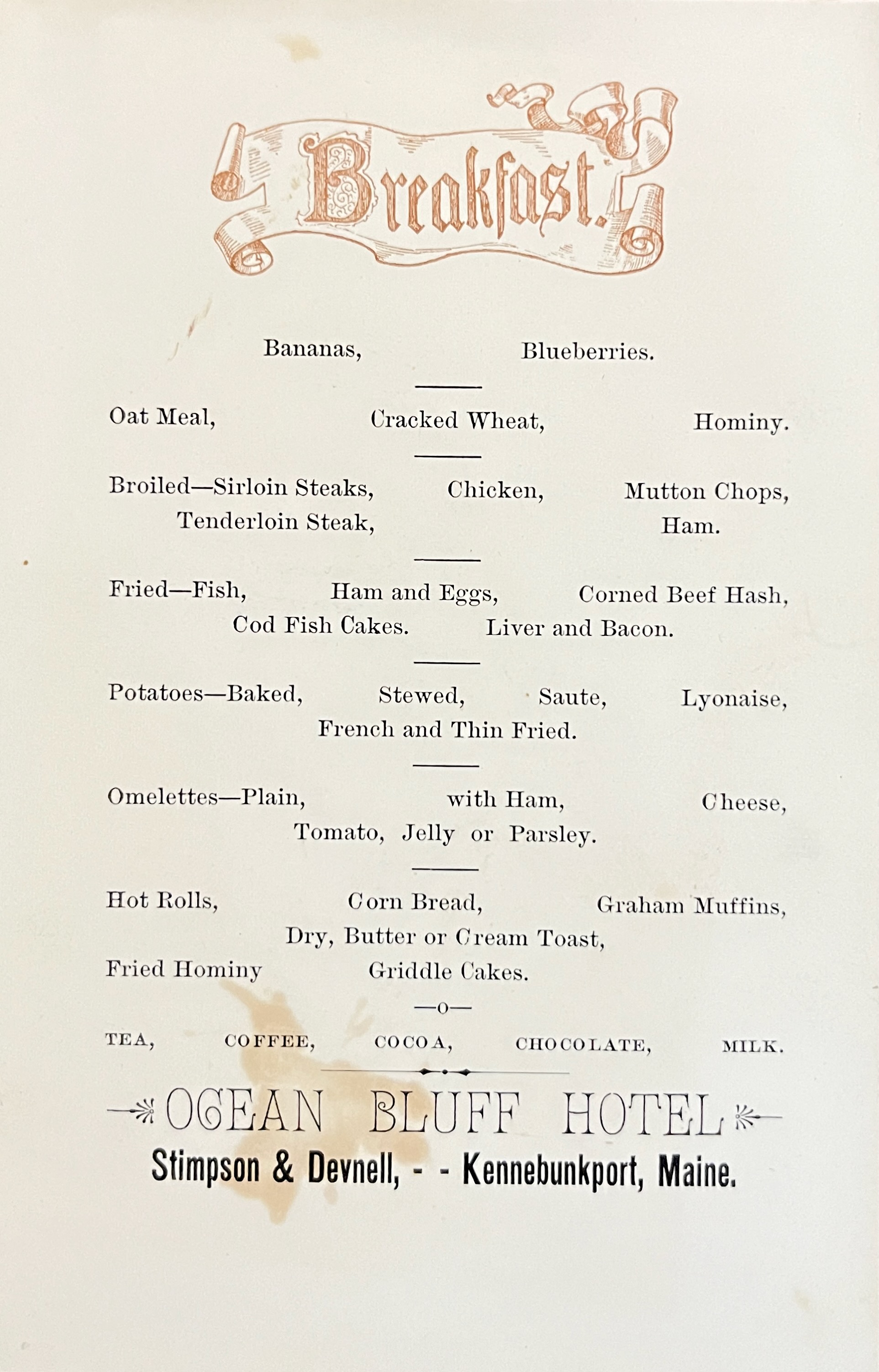 Ocean Bluff Hotel Breakfast Menu