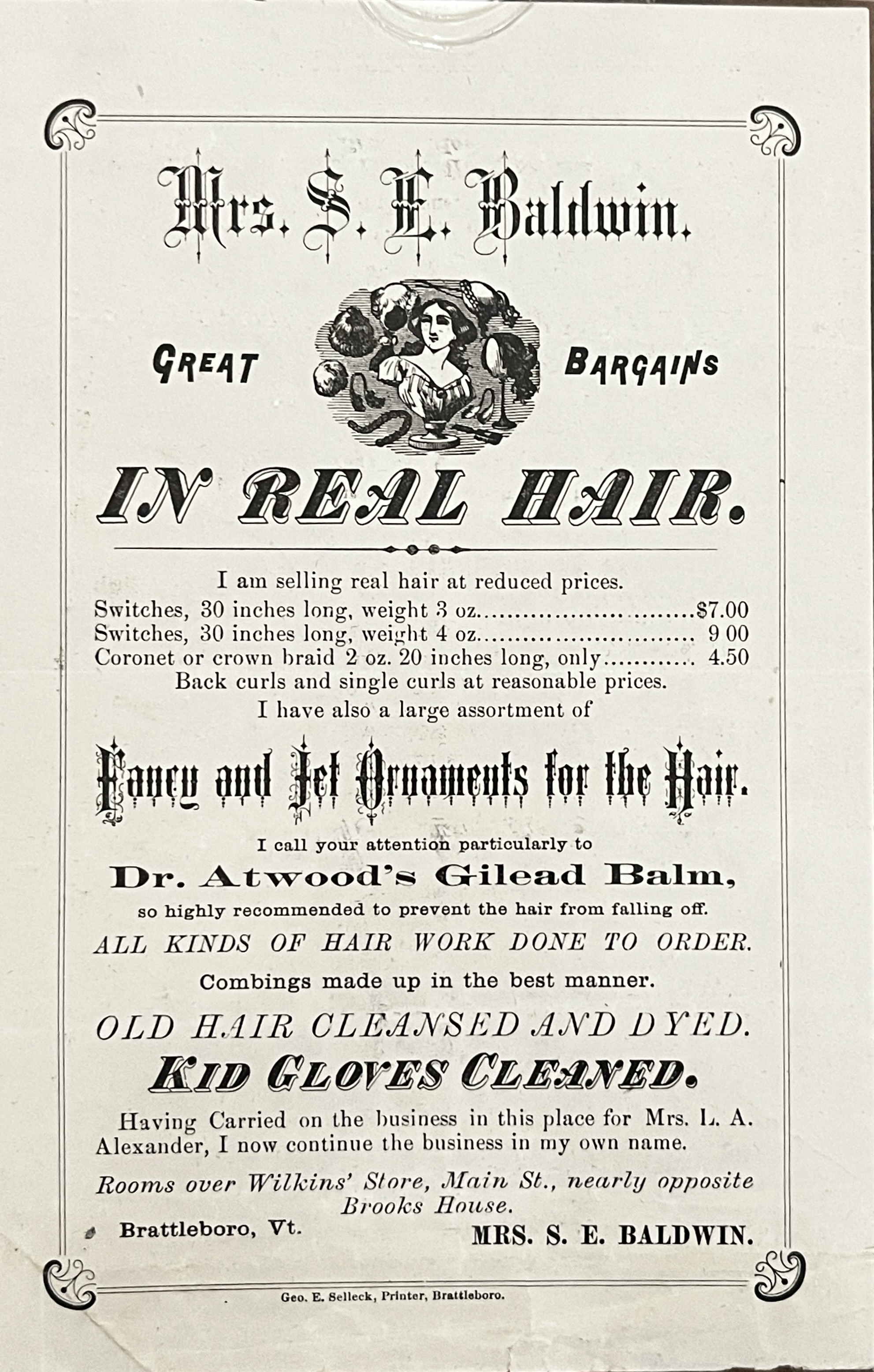 Broadside Advertisement: Mrs. S.E. Baldwins Hair Work, Brattleboro, Vermont