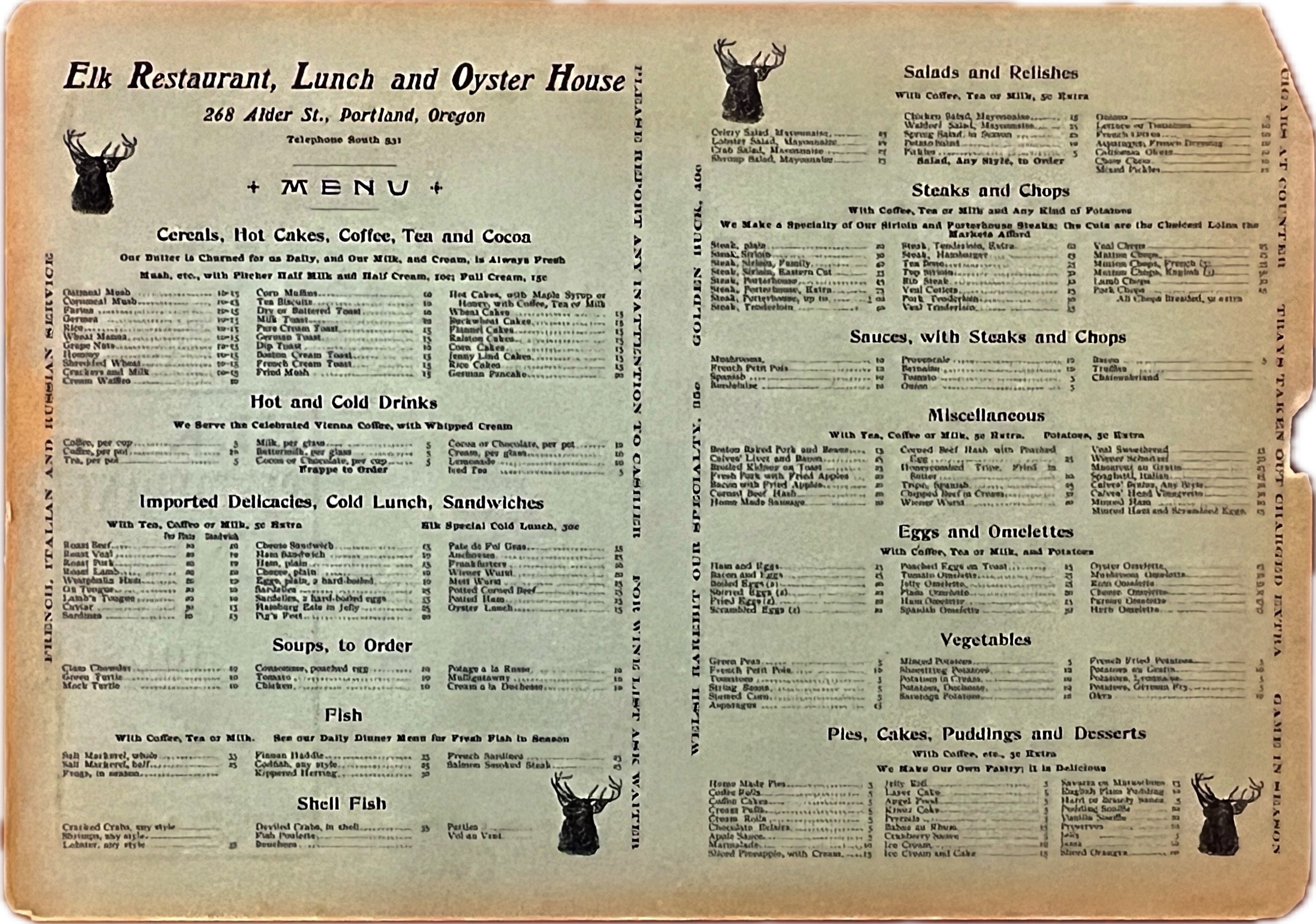 Elk Restaurant and Oyster House Menu