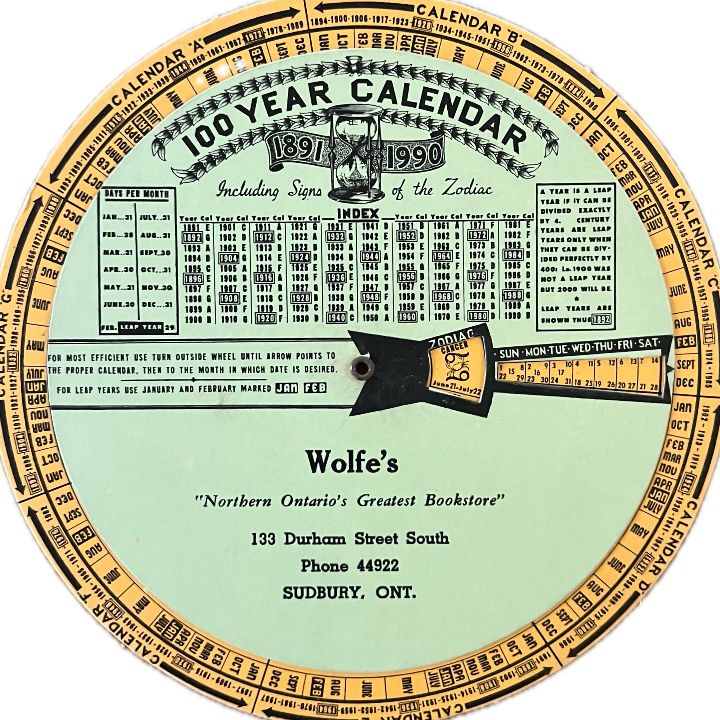 Wolfe's Bookstore Astrological Perpetual Calendar Volvelle