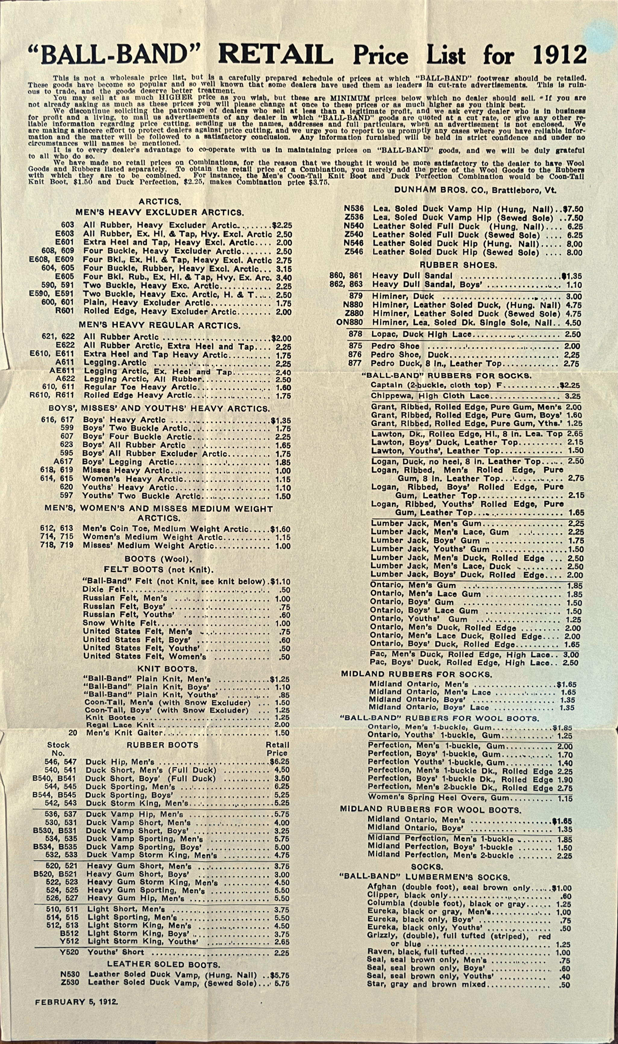 Dunham Brothers Shoe Price List for 1912