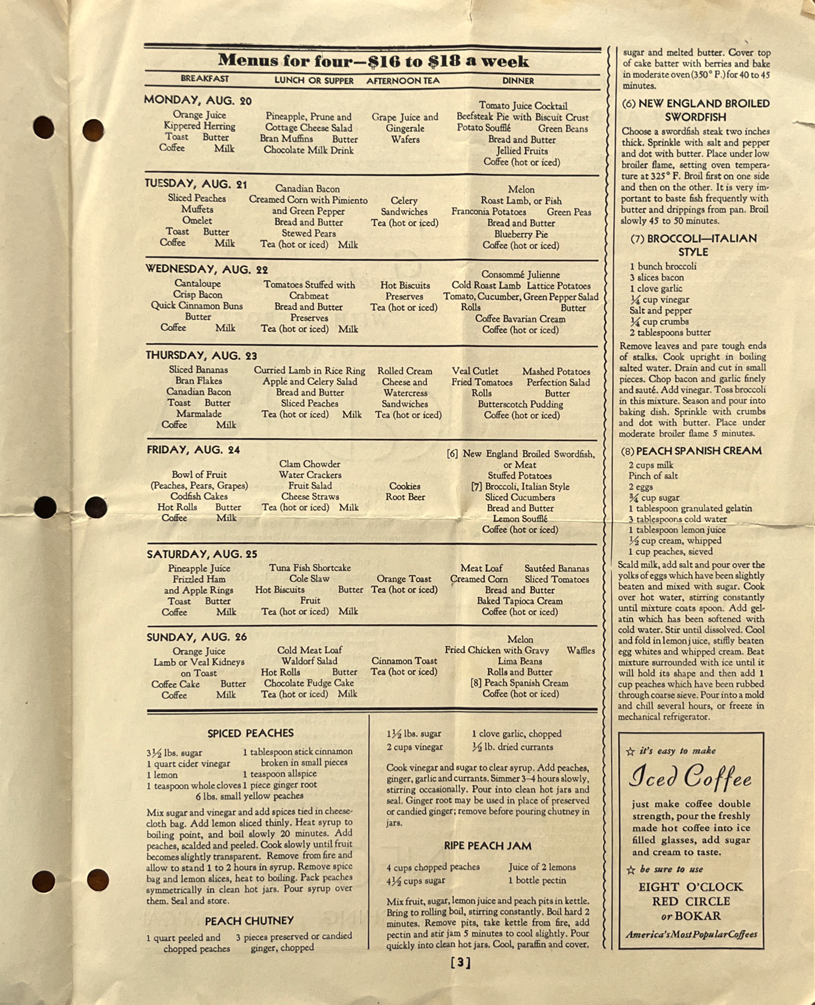 A & P Menus Week of August 20th 1934