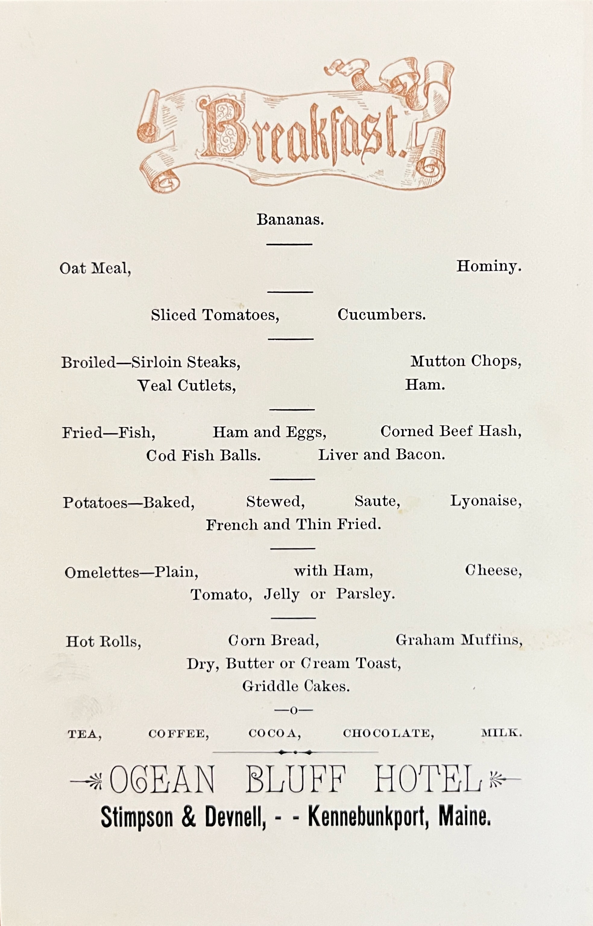 Ocean Bluff Hotel Breakfast Menu